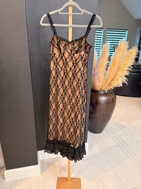 Commense Black Lace Midi Slip with Nude Lining and Ruffle Hem